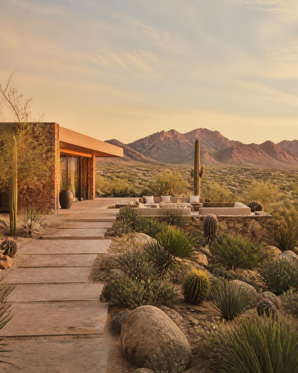 Desert home with mountain views and cactus garden at golden hour